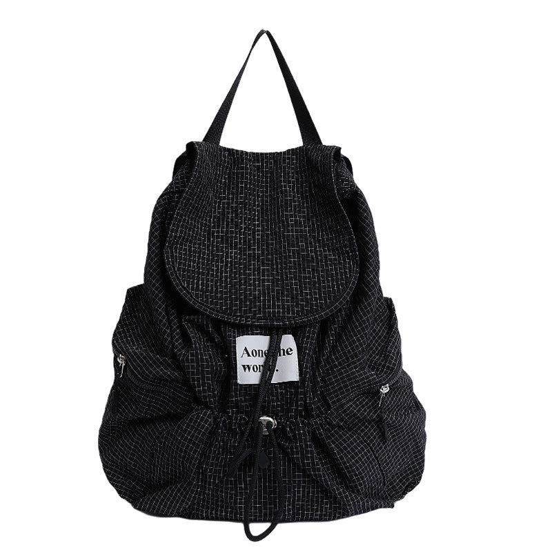 Multi-pocket plaid fashion commuter nylon student backpack - 2025 autumn korean style large capacity drawstring backpack for women