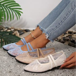 Wholesale women's french mary jane flats: mesh lace, hollow-out, breathable, pointed toe, slimming, plus size, flat sole