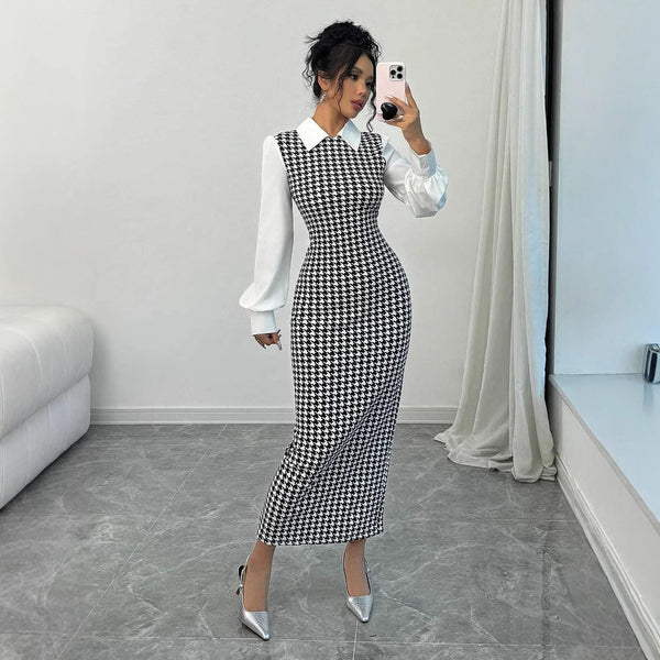 slim-fit bubble sleeve dress women's TK  thousand bird grid pattern hip-wrapped dress
