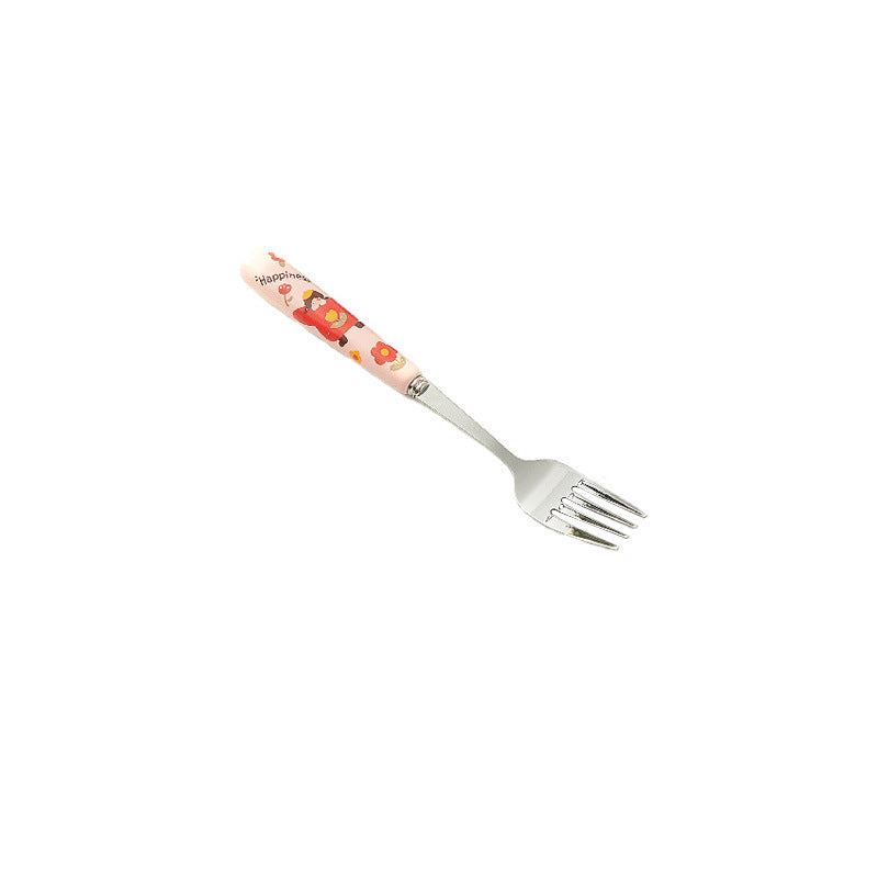 Cartoon girl ceramic handle high-temperature resistant anti-scald fork and spoon set, premium stainless steel cutlery, steak knife and fork