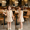 new girls' retro bowknot all-over print vest and pleated skirt two-piece set