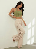 new european and american cross-border fashion high-waisted casual hollow-out solid color pants