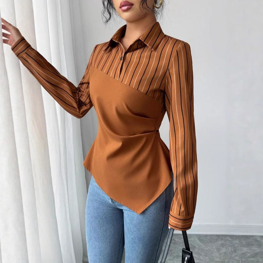 Amazon fashion  autumn new striped patchwork elegant chic workwear blouse
