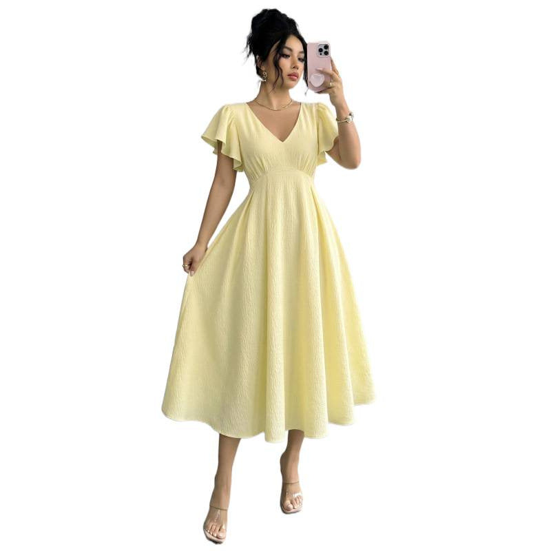 Women's summer new french chic casual solid color ruffle trim v-neck a-line maxi dress