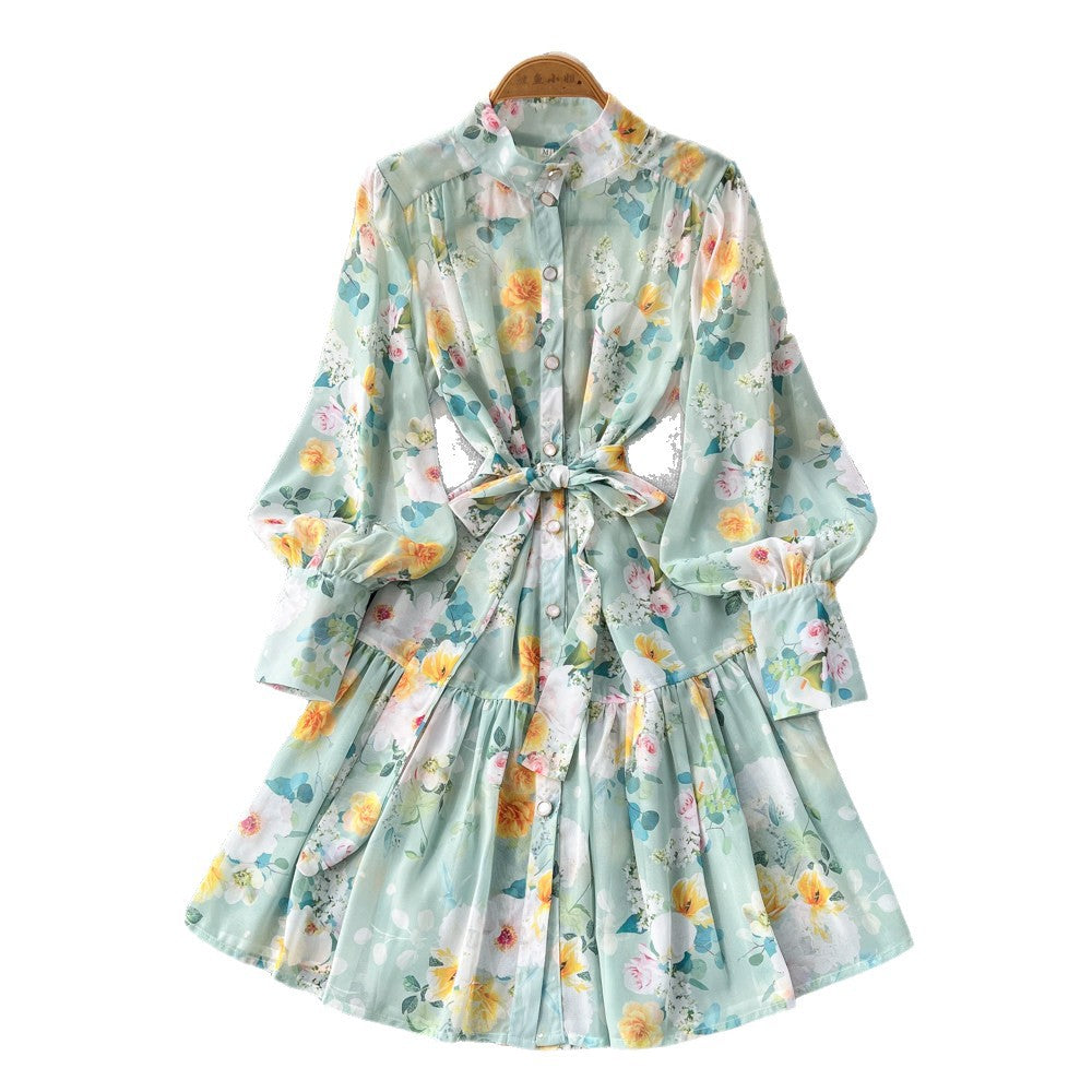 French style stand collar lantern sleeve printed dress - women's summer korean style slimming a-line ruffle skirt