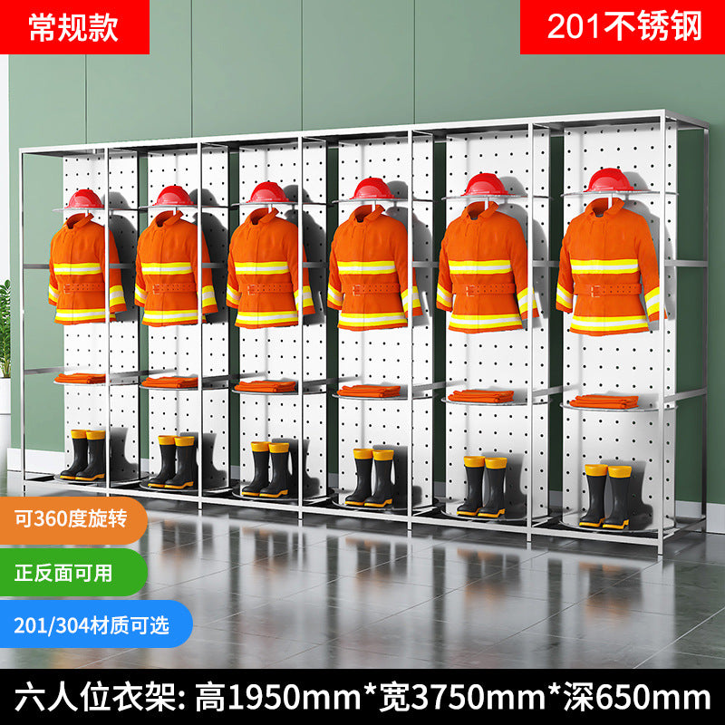 Stainless steel fire fighting clothes rack Double-sided rotating rescue team equipment rack Fire and chemical protection life-saving clothing storage rack