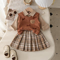 autumn newborn & toddler preppy style shirt, knit vest, and pleated plaid skirt three-piece set
