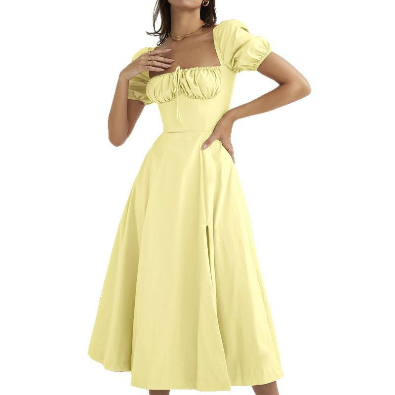 cross-border e-commerce women's fashion: european and american summer new arrivals - french style sweet bubble sleeve tie-waist slit dress