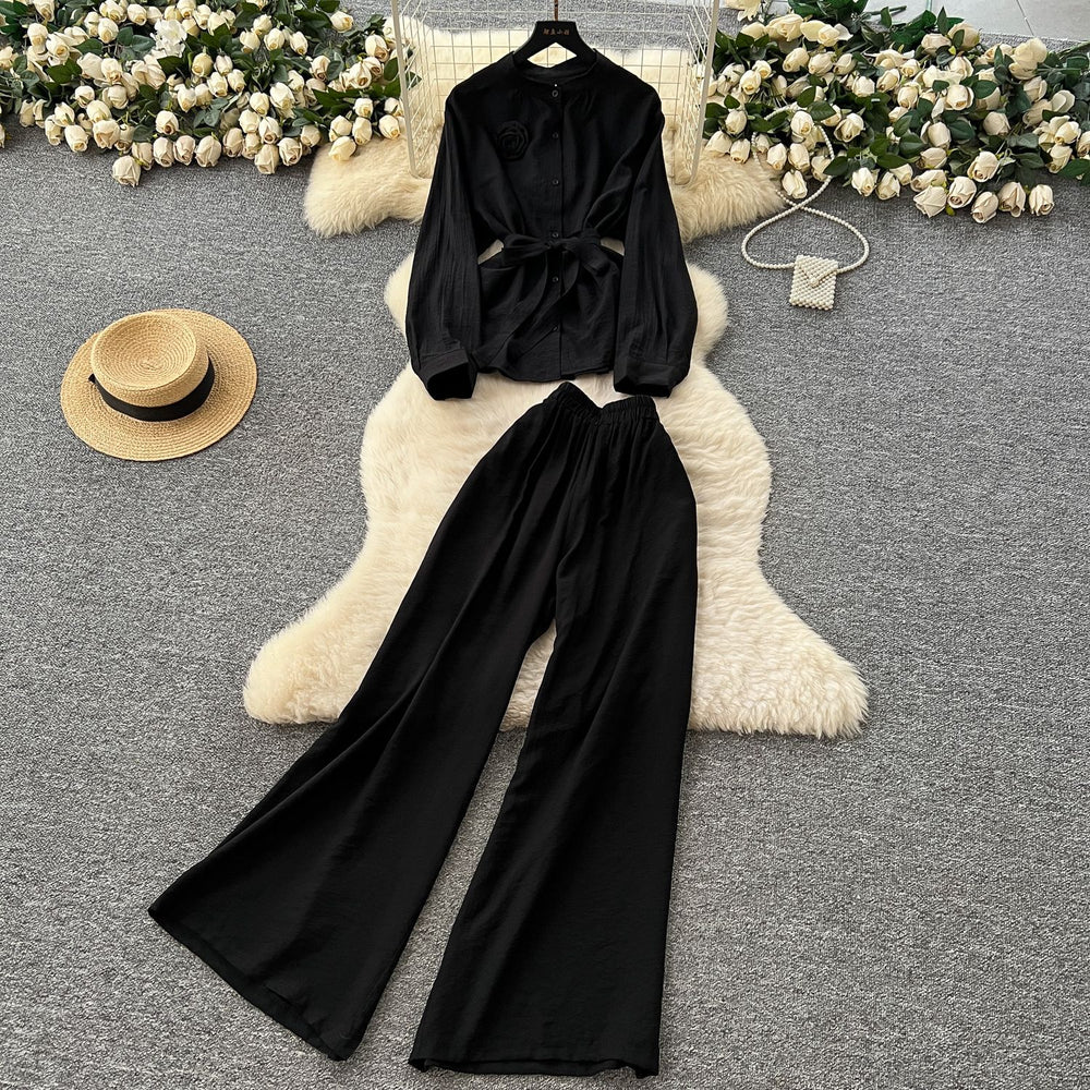 Casualsuit women's light mature style classy sense of strap flower long sleevesshirthigh waistloose pantsstraight-leg pantsfashionsuit