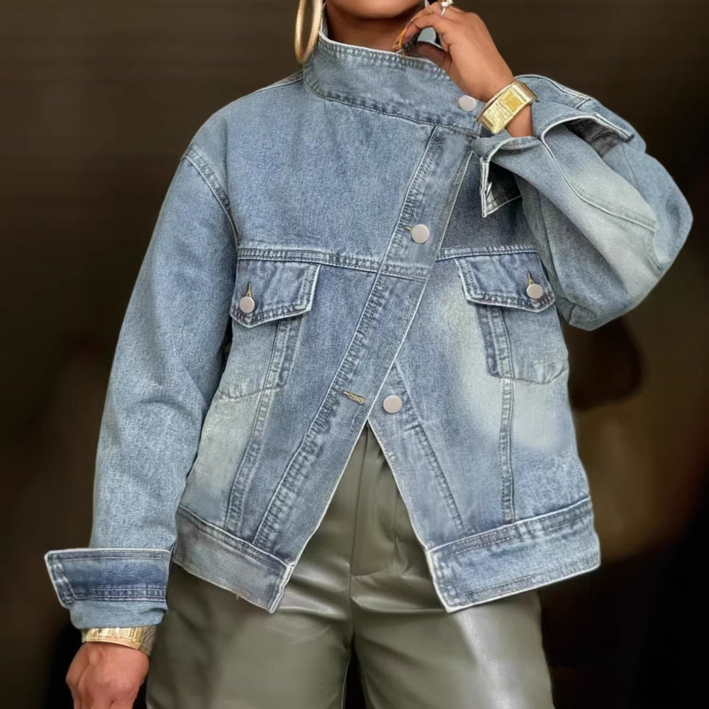 cross-border independent station  street motorcycle washed stand collar denim short jacket loose denim outwear