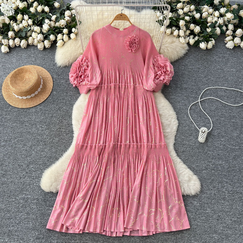 Miya pleated dress women's autumn  new high-end fashion 3d floral lantern sleeve loose maxi dress