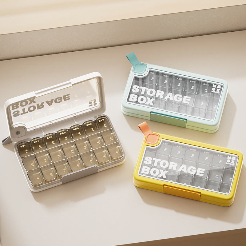 Plastic portable pill organizer - sealed, week-long, high-capacity travel pill case with compartments