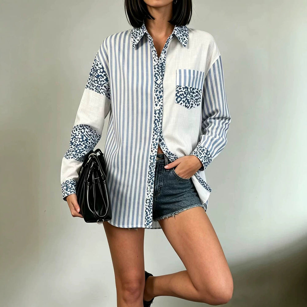Exportfashionniche stylepatchworklong sleevesshirtstripesleopard printcontrast color lapel patch pocket lazy stylecasual small shirt