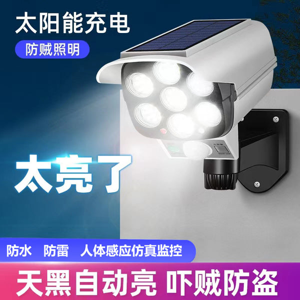 Solar outdoor garden light simulation with surveillance camera wall light, sensor light is on when people come, anti-thief and thief light