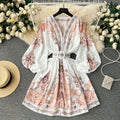 European and american retro court style high-end printed v-neck lantern sleeve cinched waist slimming elegant single-breasted socialite dress