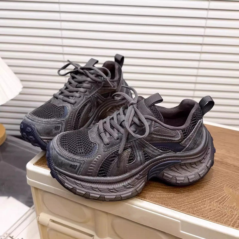2026 spring new women's height-increasing chunky sneakers: versatile, lightweight, platform casual shoes with lace-up mesh upper - korean style athletic shoes