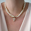 European and american cross-border baroque imitation pearl necklace for women, niche light luxury high-end diamond-encrusted cross pendant choker