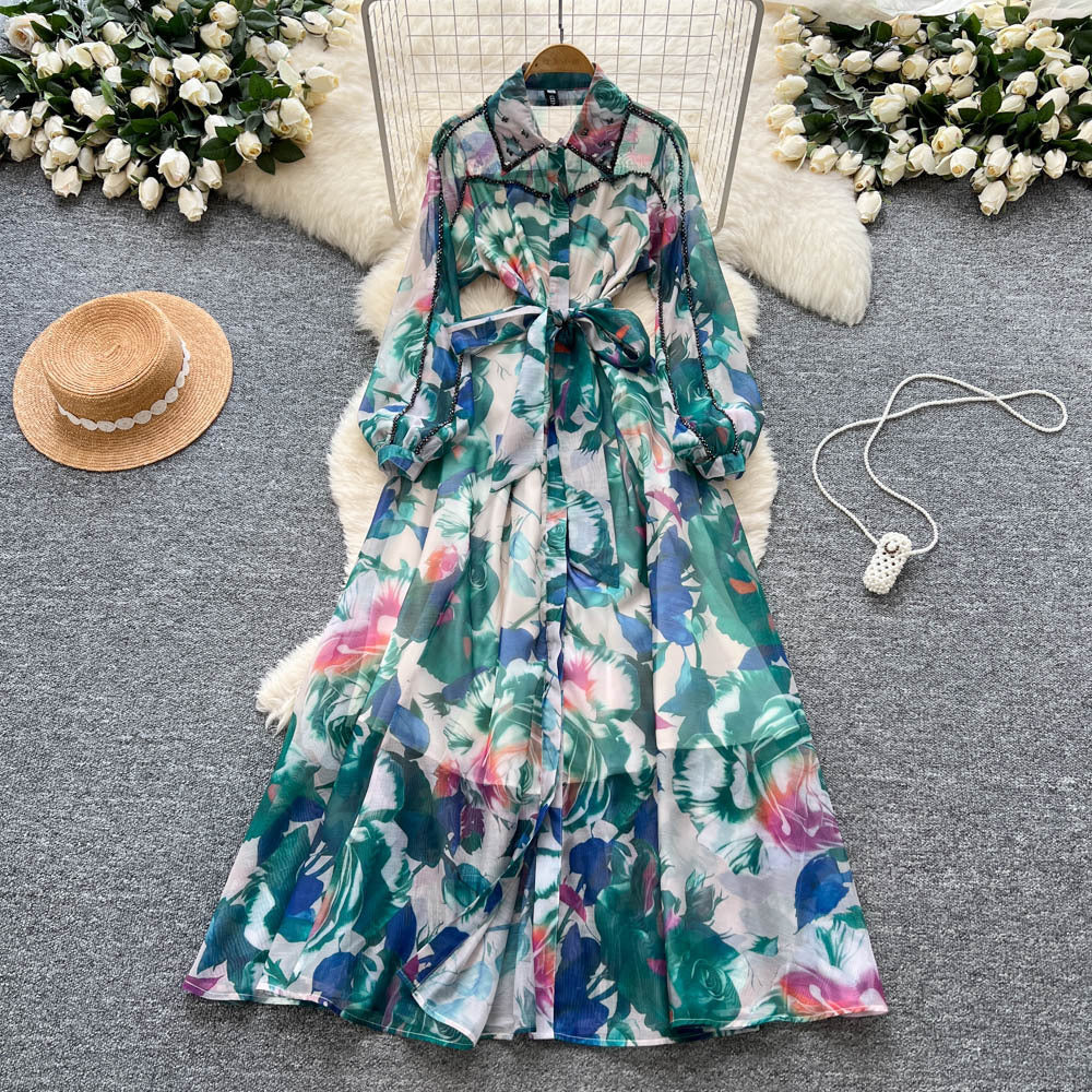 Frenchclassyelegant heavy industry beading lapel long sleeves printingdress women's autumn strap waist single breasted long skirt