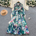 Frenchclassyelegant heavy industry beading lapel long sleeves printingdress women's autumn strap waist single breasted long skirt