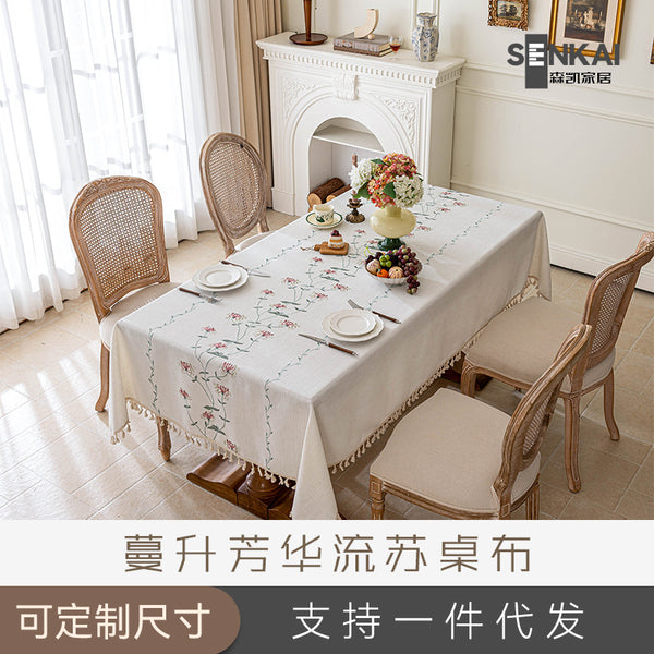 New branch tassel tablecloth rectangular embroidered dining table coffee table cloth waterproof pastoral decoration table flag tablecloth