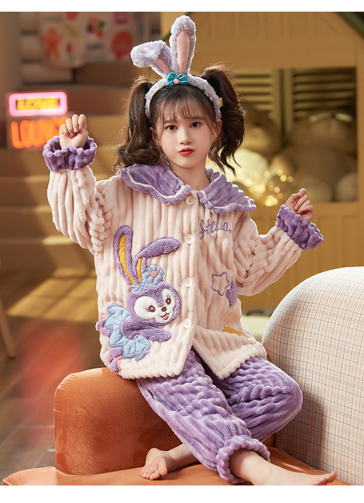 Princess style cute stellalou girls' flannel pajamas - winter coral fleece sweet peter pan collar warm loungewear