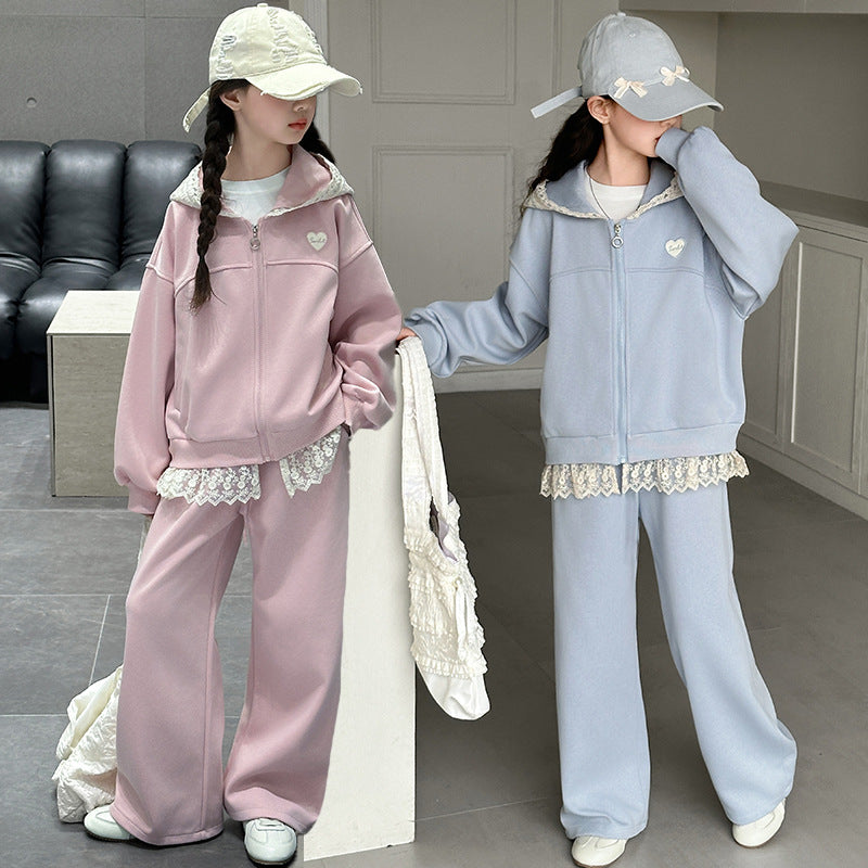 Girls' spring/autumn tracksuit set - stylish hooded wide-leg pants for older girls,  new korean style two-piece outfit