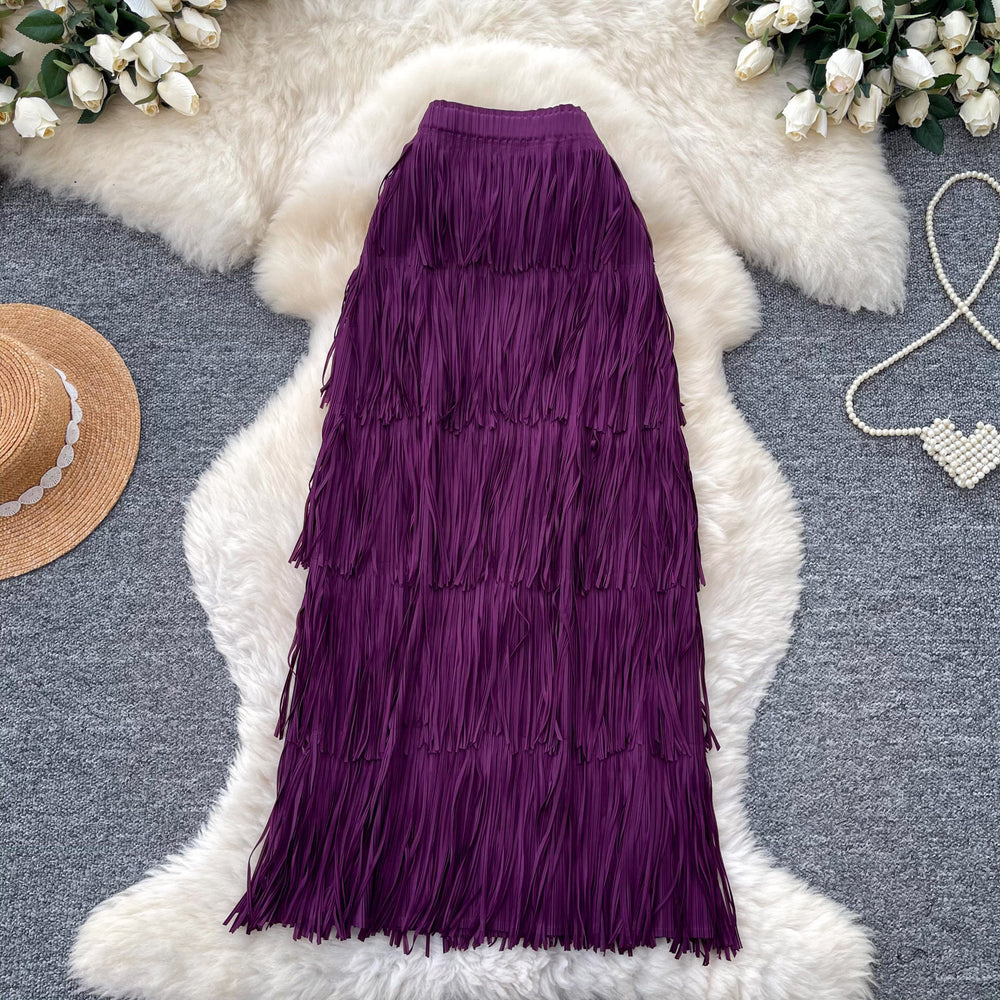 Retrocasual style tassel skirt women's high waist a-line skirt women's work clothingslimming look cake skirt niche style design classy sense