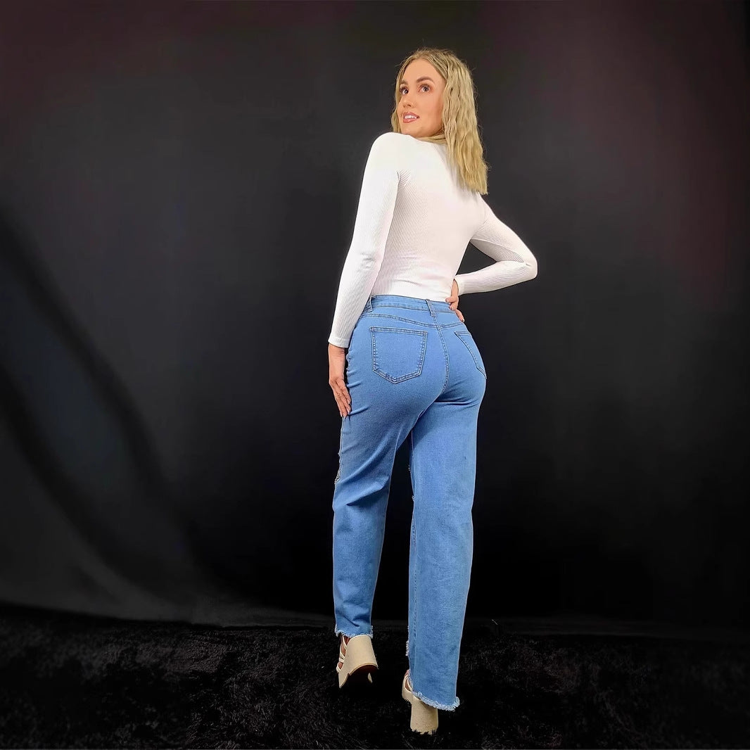 25 Cross-border Europe, America,  Independent Station INS Explosive Hollow Love Handmade Nail Drilling Personalized Trend Jeans