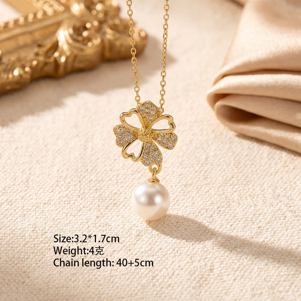 European and american hot-selling fashion zircon pearl necklace for women, lightweight luxury, niche, versatile, elegant, fashionable titanium steel clavicle chain jewelry