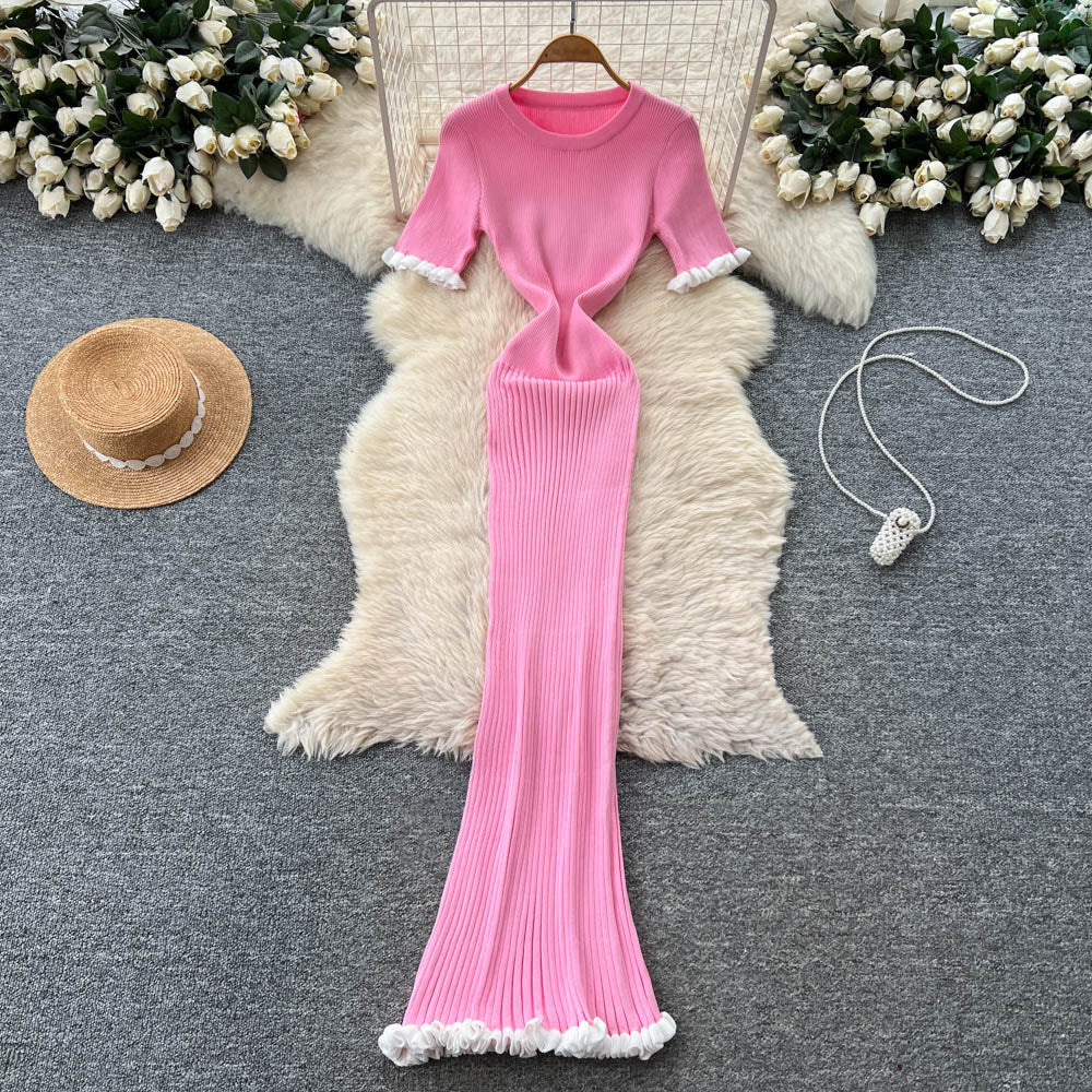 K-styleknitting round neck short sleeve dress women's summer slim slimming look waist bag hip long skirt work clothingaccessible luxury style
