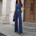 Fashion cross-border export  new arrival autumn washed fashion silm vest slightly flared denim pants two-piece set