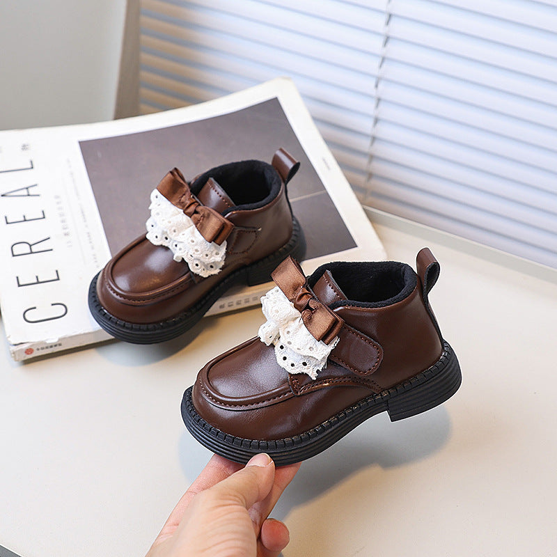 Vancahao girls' double-layer cotton black leather shoes,  winter new collection, kids' fashion lace-trimmed princess shoes