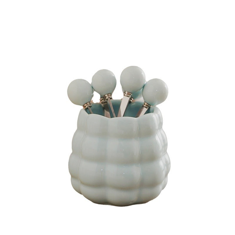 Cream style ceramic fruit fork light luxury set high appearance stainless steel fruit pick home decoration storage tube wholesale