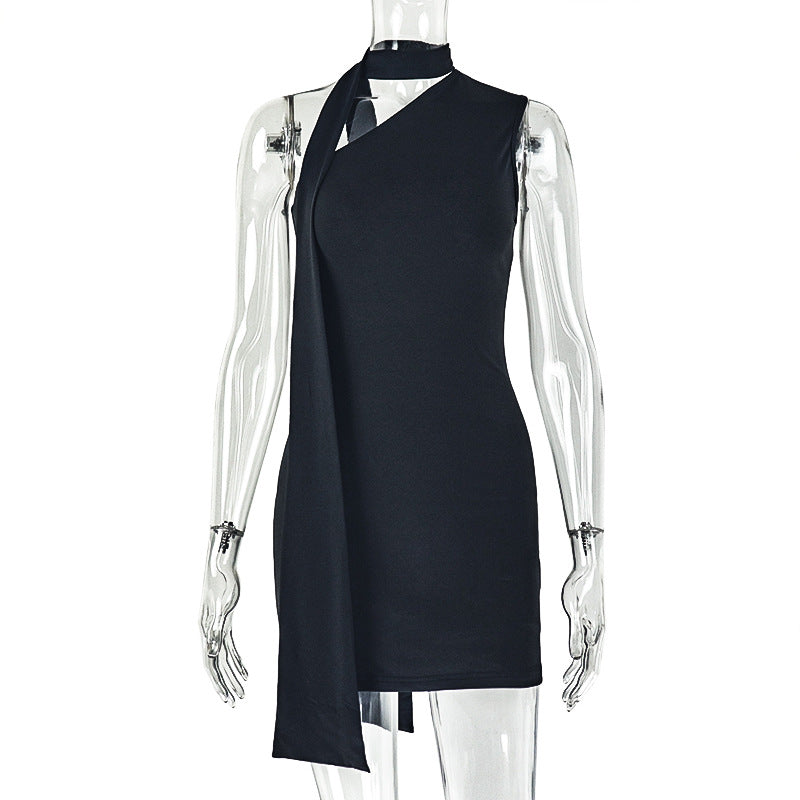 Fashion style cross-border street elegant women's pure color strap waist bag hip skirt oblique collar sleeveless slimming look short dress
