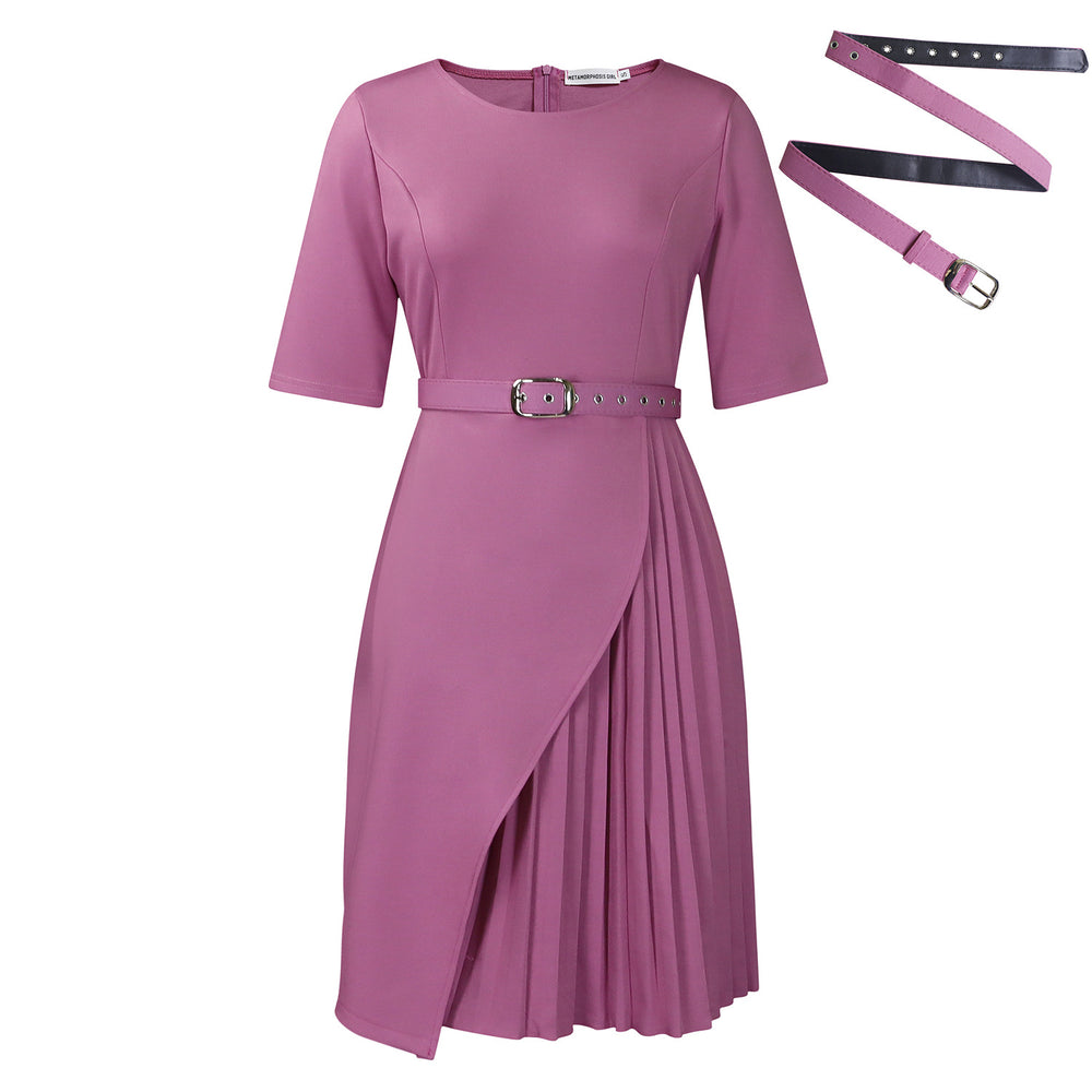 D567export women's clothing fashionpure colorfashioneleganthalf length sleeve high waist pleated work clothinghigh waist cross-border dress