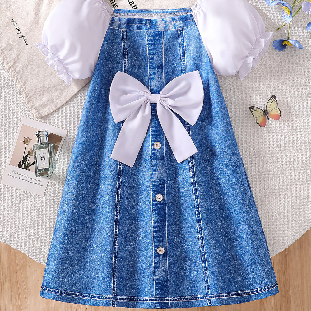 Girls' patchwork bubble sleeve faux denim dress - summer kids' a-line princess dress with large bow at chest and square neck