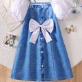 Girls' patchwork bubble sleeve faux denim dress - summer kids' a-line princess dress with large bow at chest and square neck
