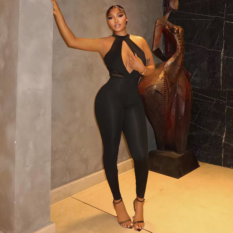 Fashion style cross-border pure colorfashion women's sexycut out jumpsuit tight mid-waist high collar long skinny jeans jumpsuit