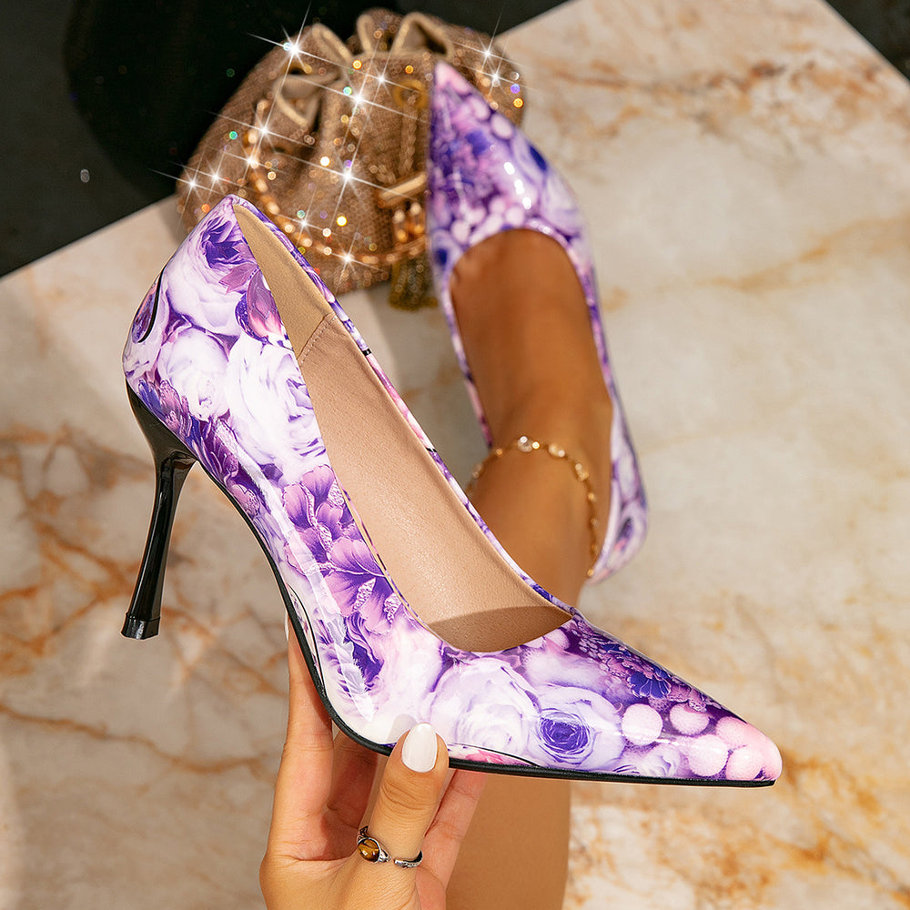 Huizhou city aliexpress women's high heel sandals - fashionable purple printed minimalist pointed toe stiletto heel sandals for women