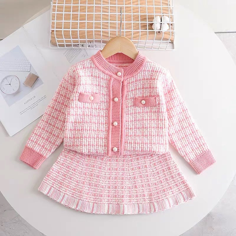 Special offer: girls' sweater set - new autumn/winter collection, chic chanel-inspired style, pink knitted two-piece outfit for kids