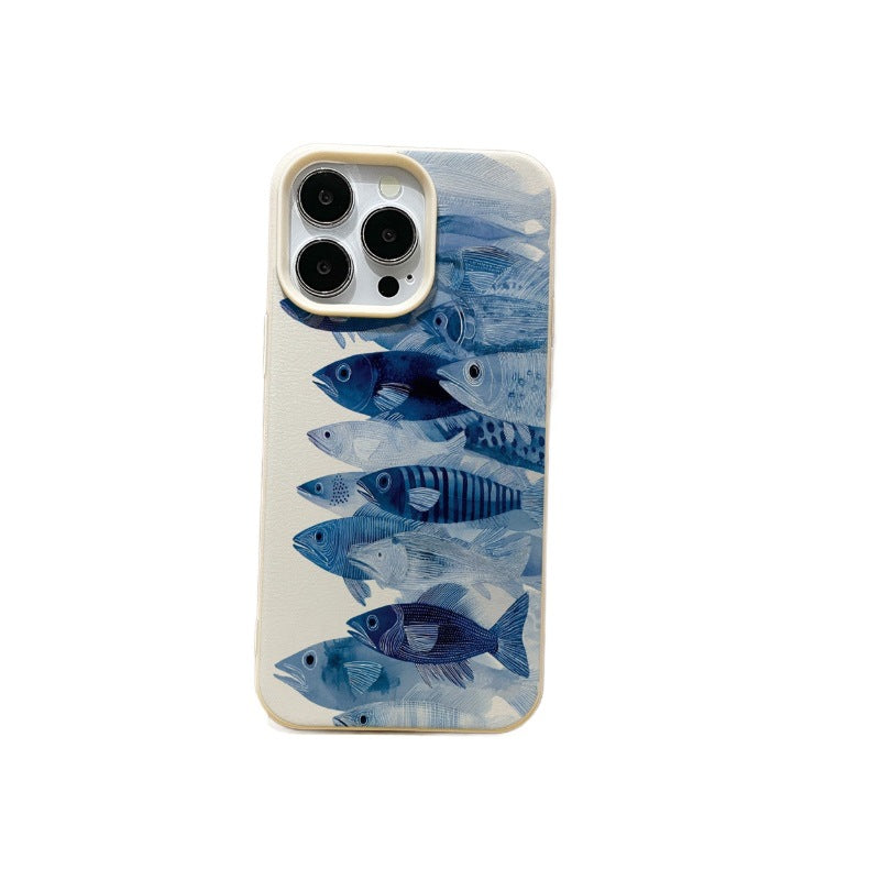 Azure blue fish school ocean style phone case for iphone 17 pro max, apple 16 full coverage drop-proof protective case, iphone 13 compatible