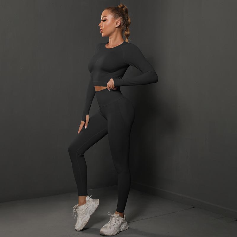 New solid color knitted peach lift tight yoga leggings set - seamless fitness activewear for women, perfect for running and yoga