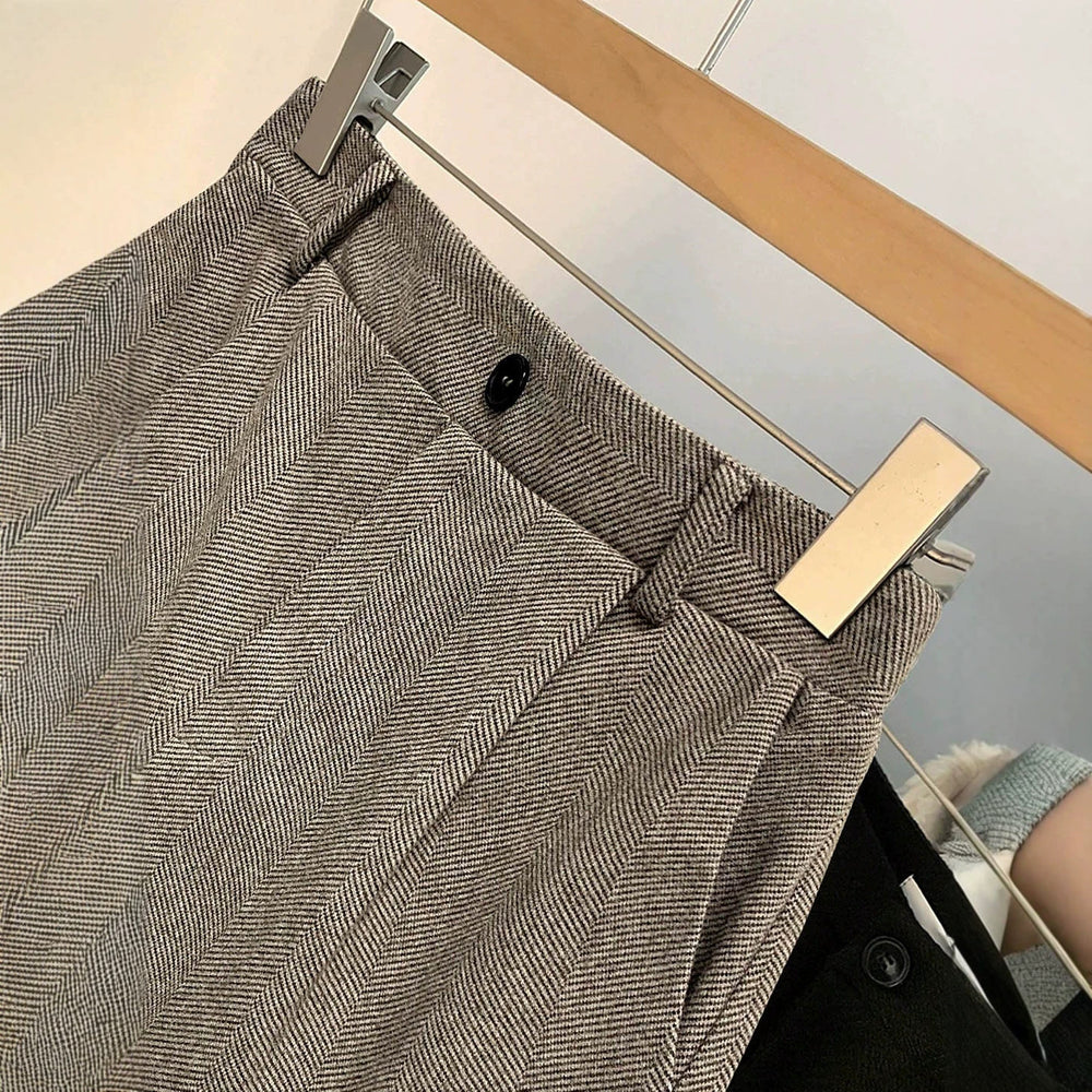 Exportfashion retro herringbone pattern high waist waist twill material side pocket easiest for match age-reducingshorts