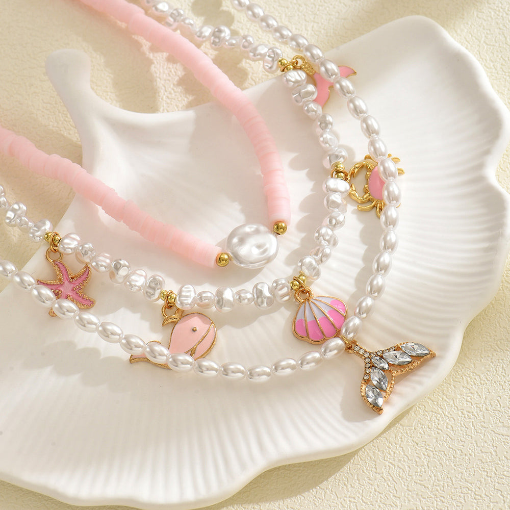 European and american cross-border beach style polymer clay faux pearl layered necklace - irregular design seashell starfish jewelry necklace for women