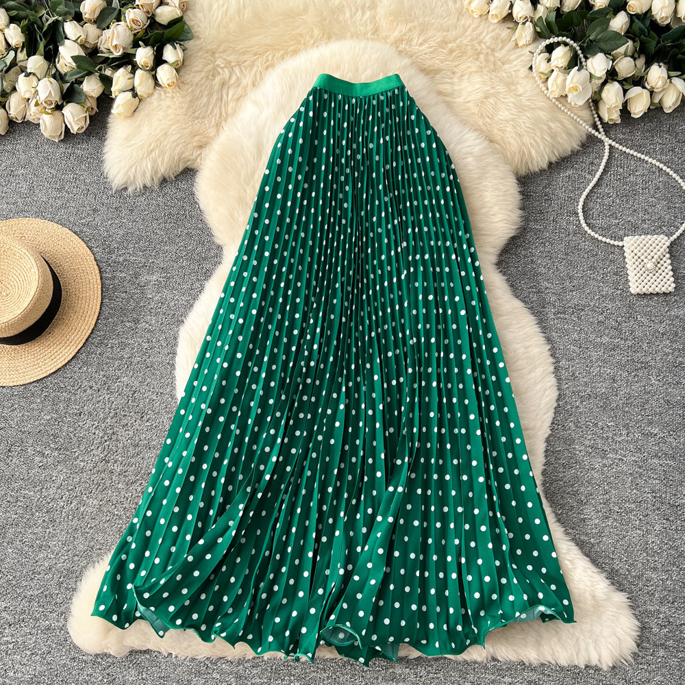 K-style polka dot pleated elegance skirt women's high waistslimming looka-line long skirtwork clothingeasiest for matchpatchworkelegant skirt