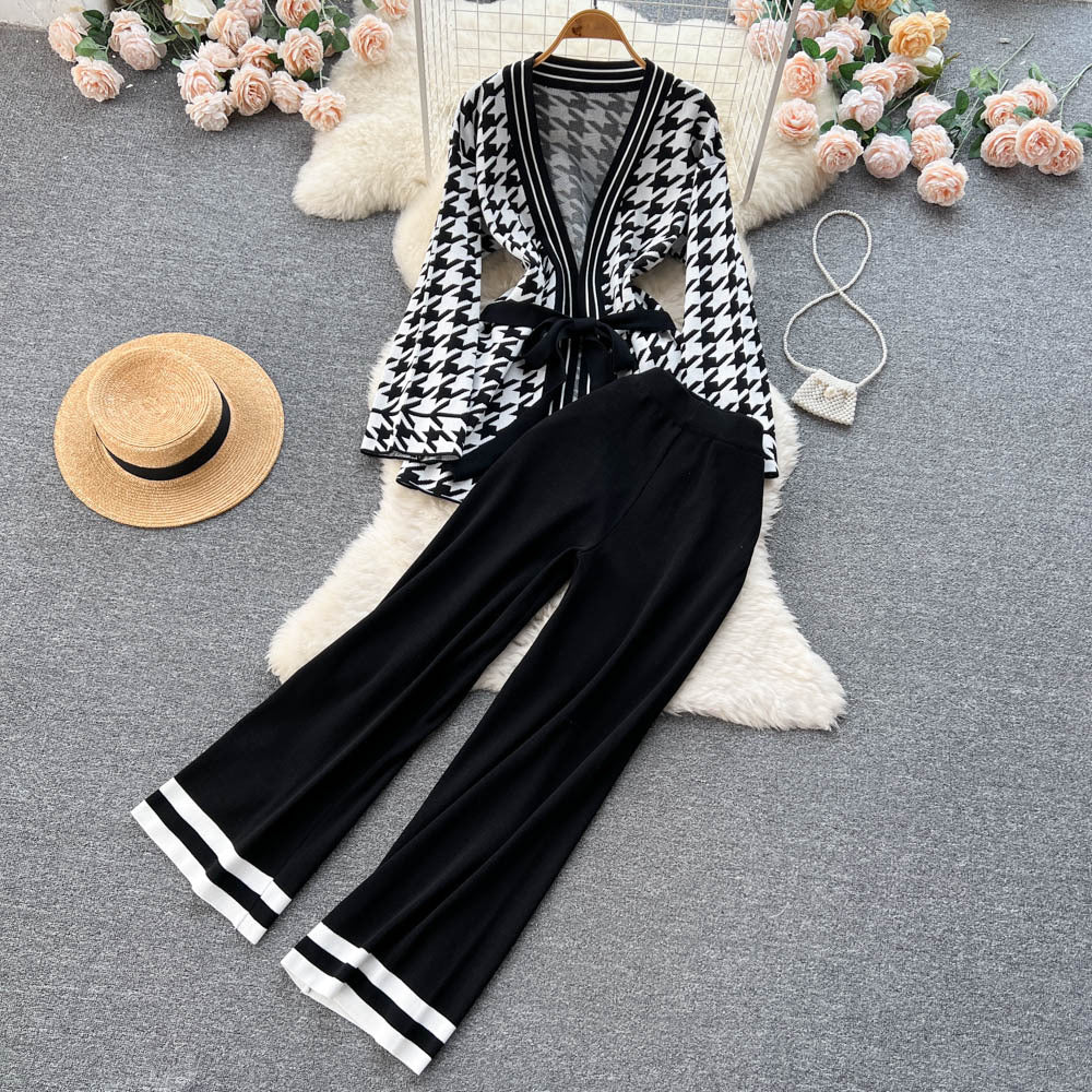 Xiaoxiangfengtwo-piece setautum women's houndstooth gridslong sleevessweatercardiganoutwearhigh waistdrapedcasualpants