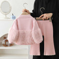 Girls' fuzzy solid color cardigan knit set - new  korean style kids' sweater two-piece outfit for autumn and winter