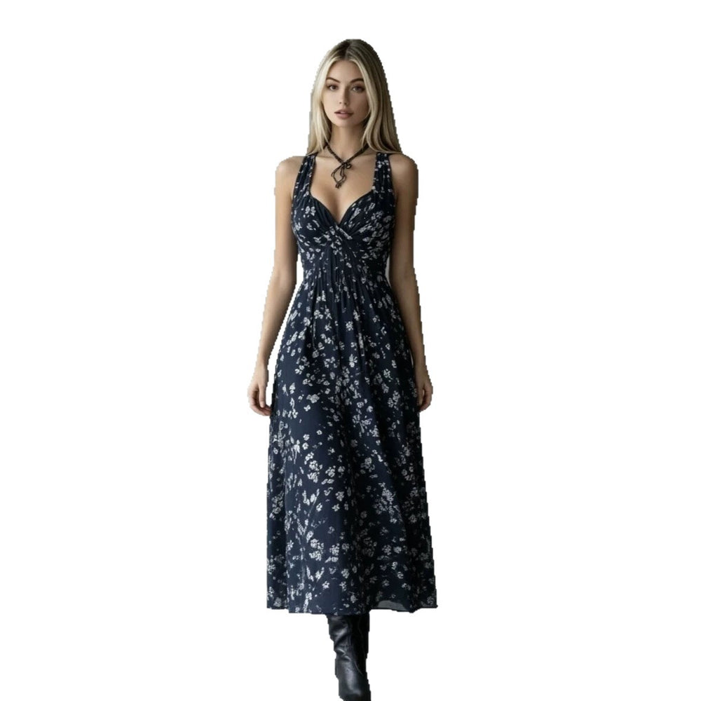 european and american halter floral dress -  bestseller, v-neck, slim fit, vacation style midi dress - cross-border e-commerce