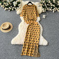 Elegant knitted set for women: high-end polka dot crewneck short sleeve top + midi slit knit skirt