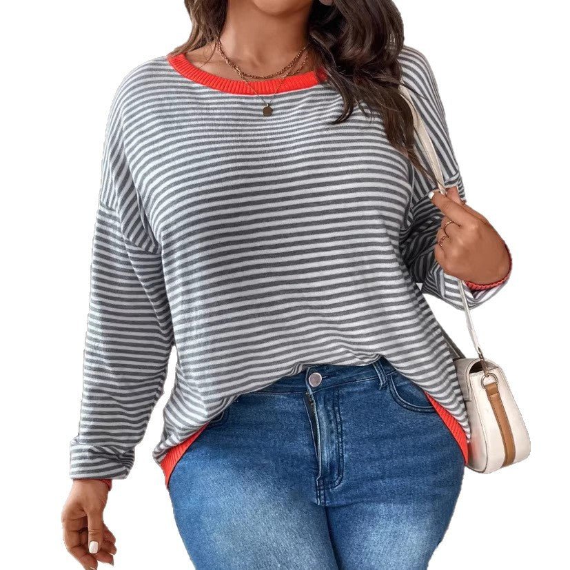 european and american cross-border autumn women's striped t-shirt plus size top casual sweater